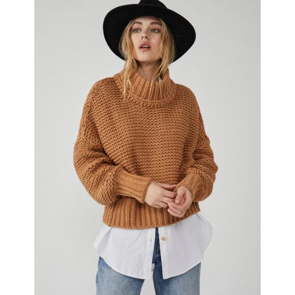 Free People My Only Sunshine Sweater Size M Camel Tan Oversize Chunky Mock Boho - Picture 1 of 14